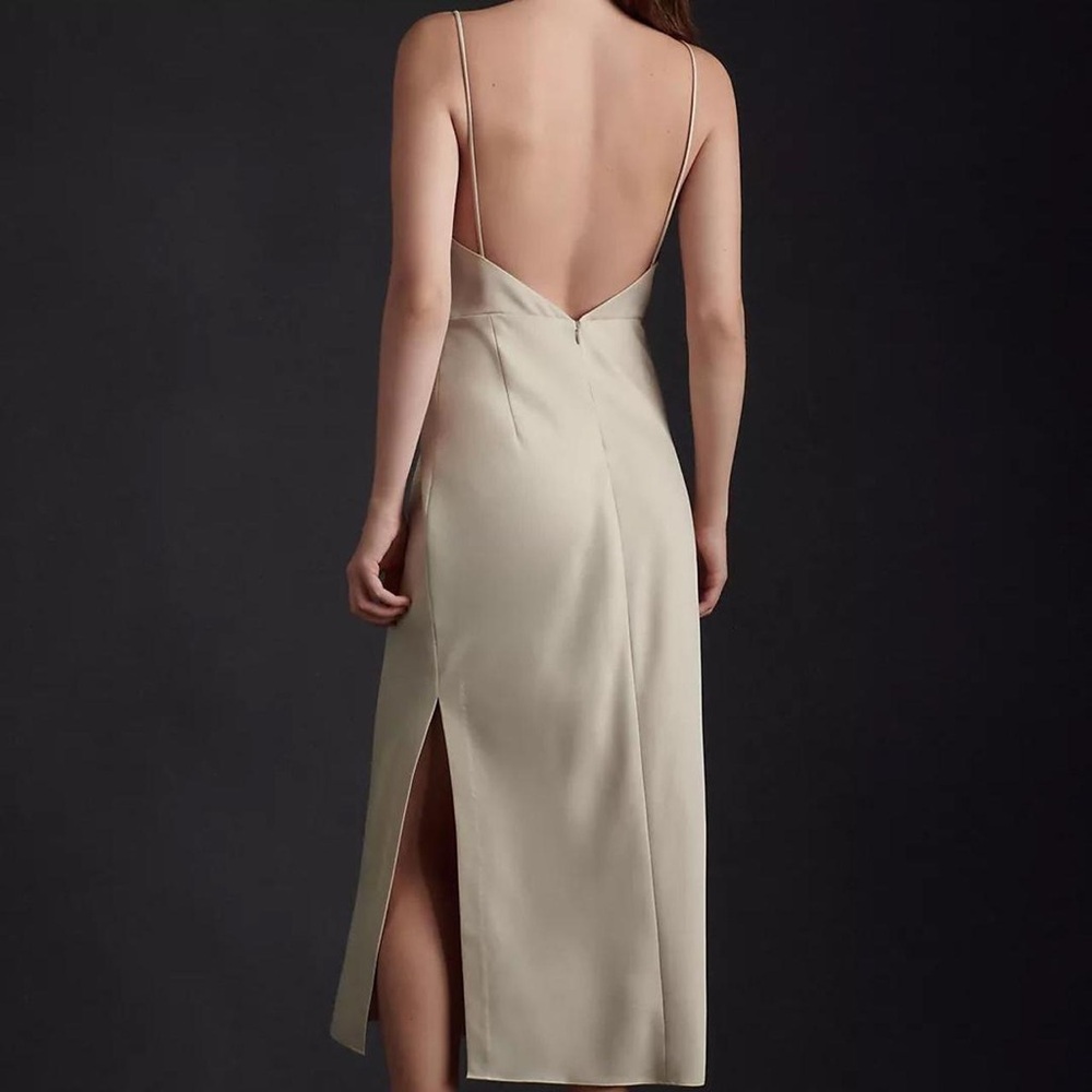 BHLDN Champagne Asymmetrical Midi Dress – Elegant Satin Slip Style